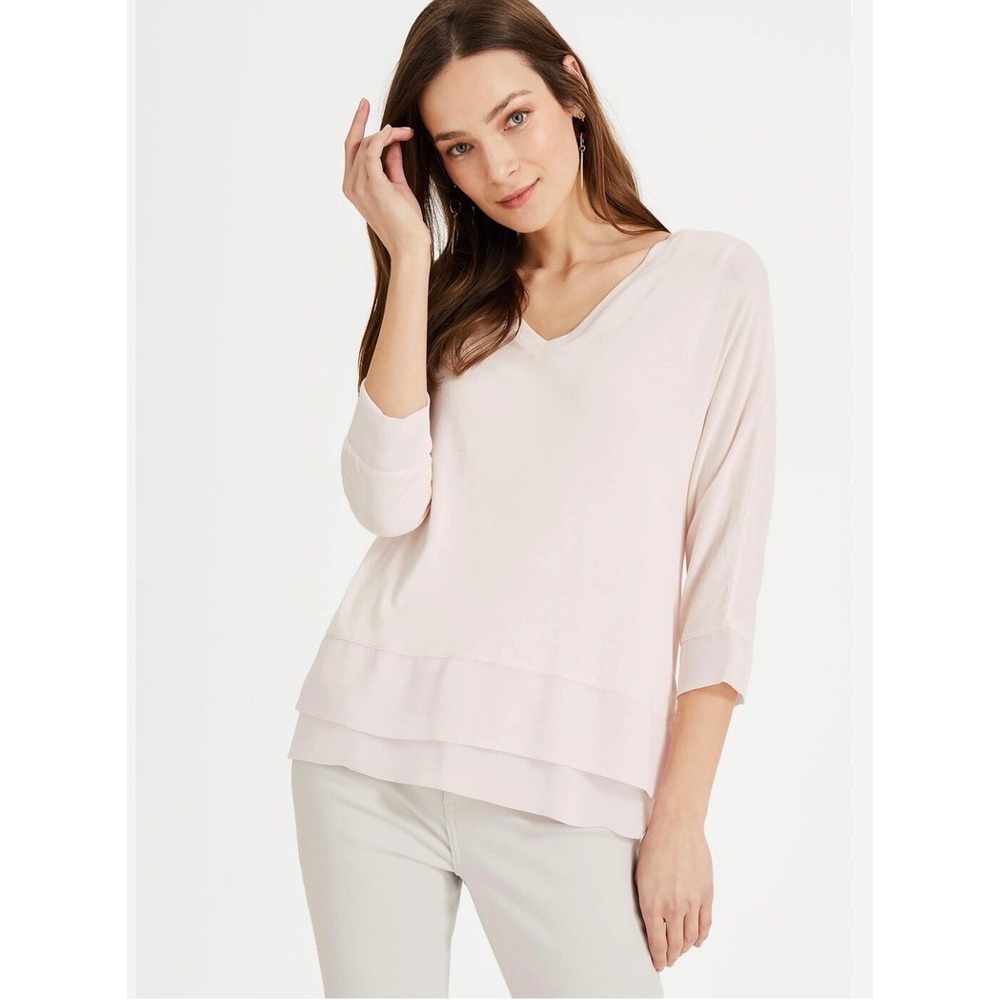 Phase Eight Womens Pale Pink V-Neck Layered Hem 3/4 Sleeve Knit Top UK 12